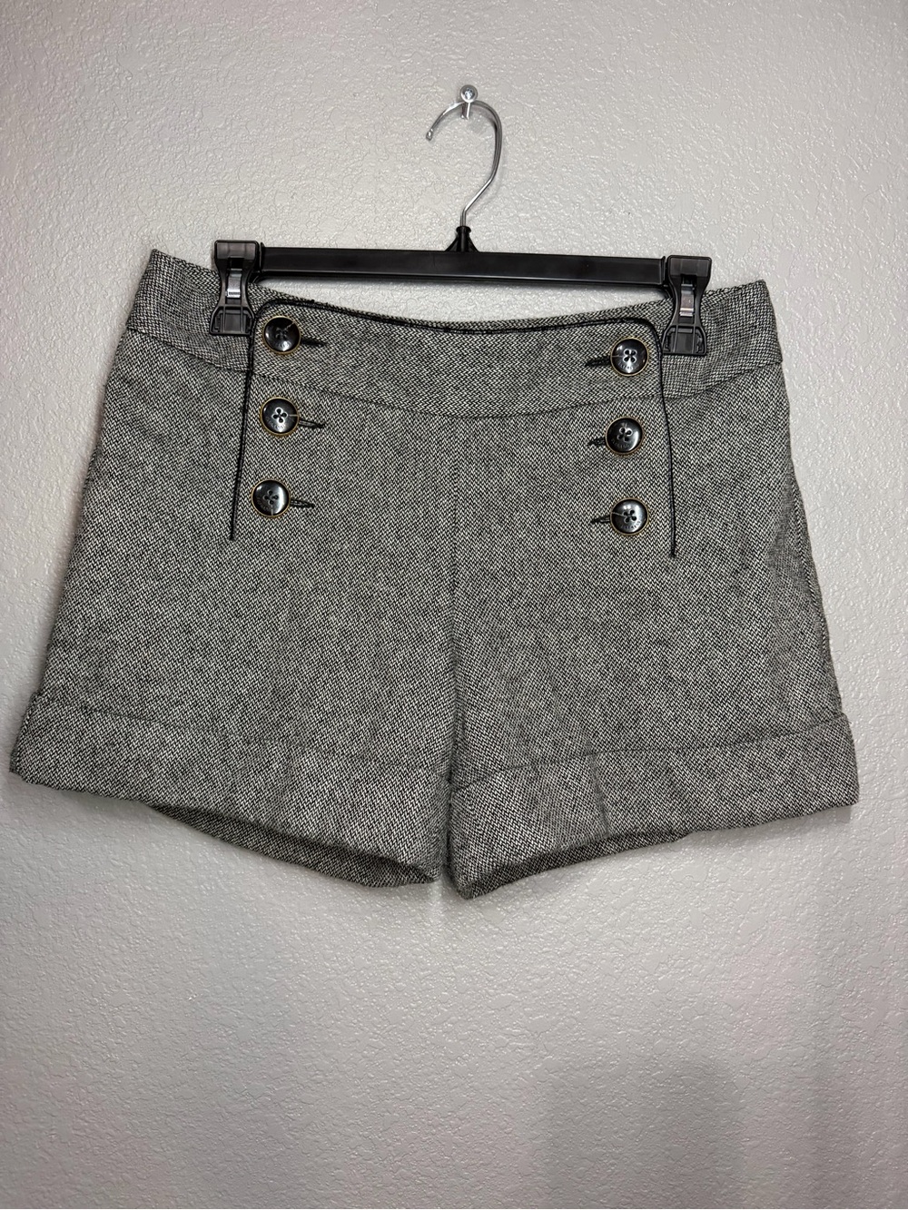 Express Gray High-Waist Tweed Shorts with Double Button Detail